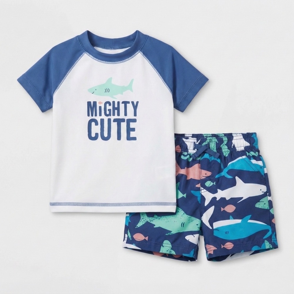 Carters Baby Boy Swim Set Shark Rash Guard Trunks Mighty Cute UPF 50 9M